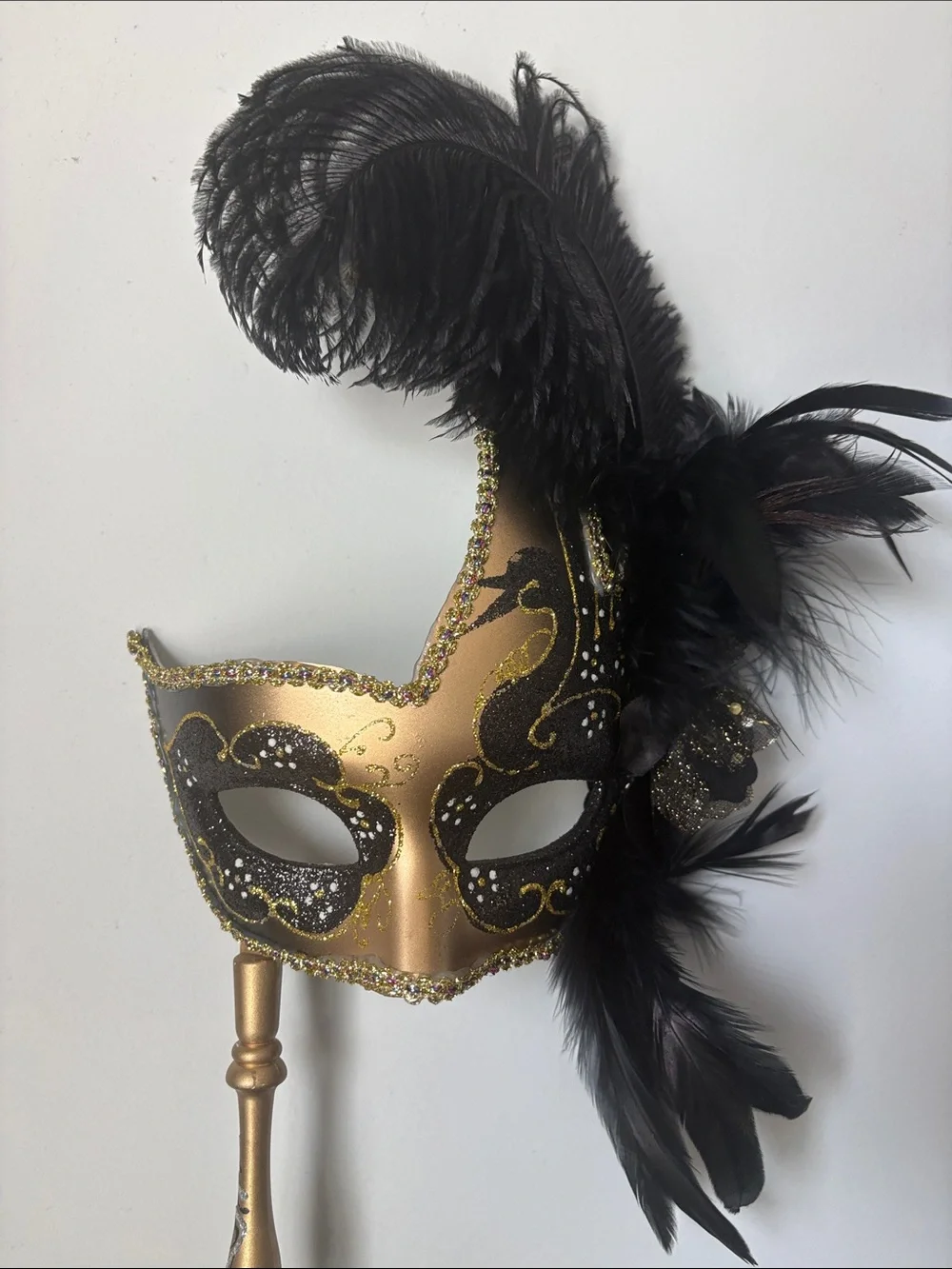 Gold and Black Feathered Venetian Handheld Mask